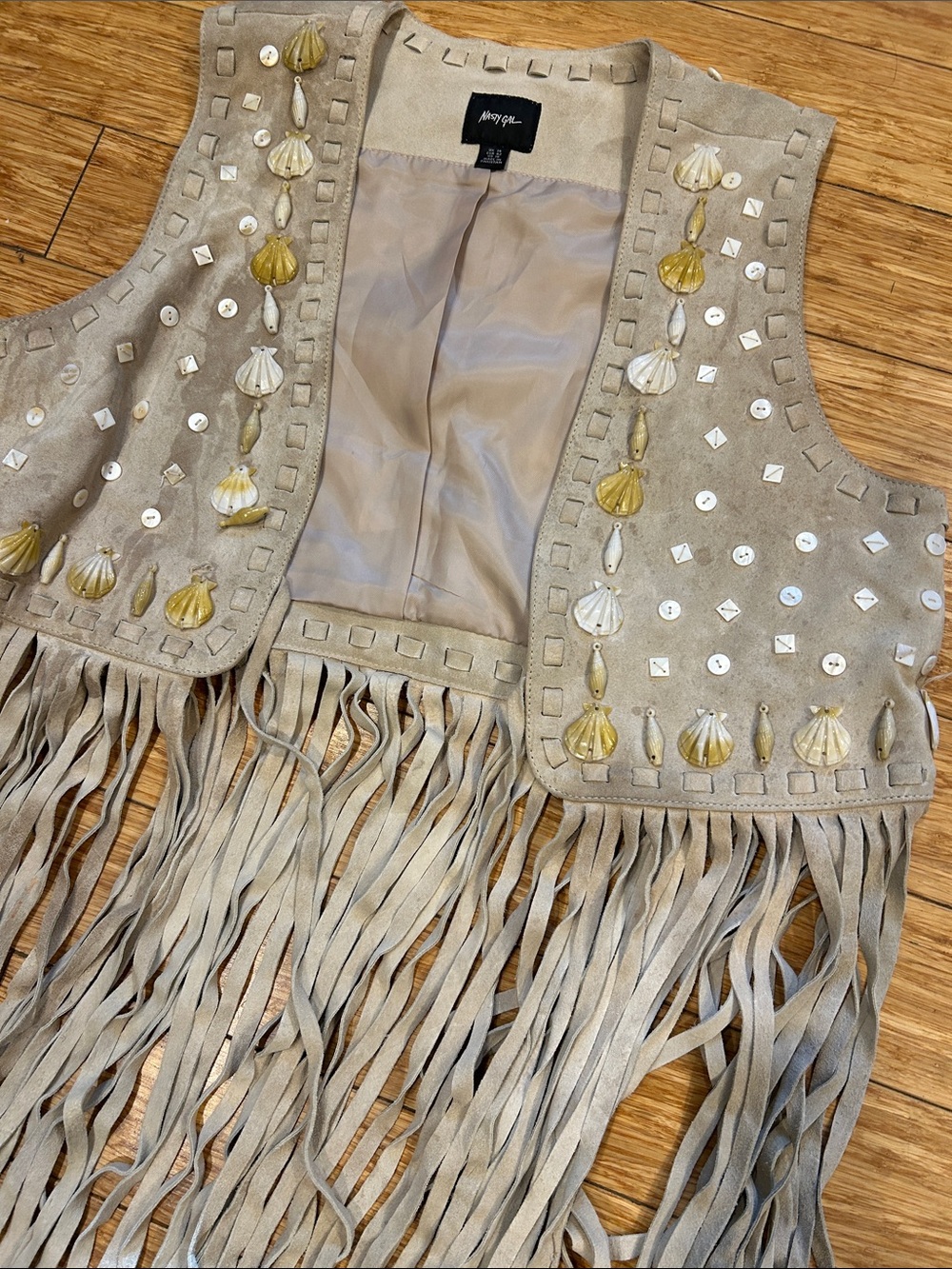 Nasty Gal Festival Beige Tassel Suede Fringe Vest with Shell & Mother of Pearl